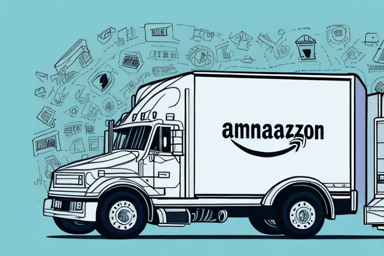 Illustration of a delivery truck with amnaazzon emblazoned across it, capturing the essence of the shipping industry. Various package icons and delivery-related graphics encircle the truck, all set against a light blue background, creating a dynamic scene reminiscent of an Amazon timeline.