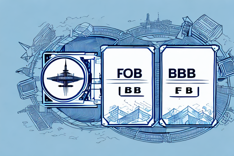 A stylized, abstract illustration features two cards labeled FOB Origin and BBB, adorned with geometric designs. A circular emblem on the left showcases a futuristic structure. The background, rich with sketch-like elements and blue tones, subtly hints at intricate shipping terms.