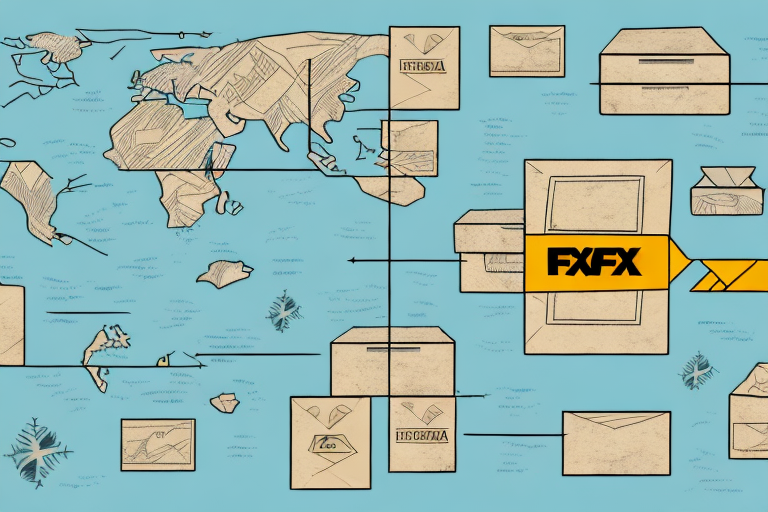 Illustrated world map with stylized letters and envelopes connecting various regions. A prominent large envelope labeled FXFX is central, with lines linking to smaller envelopes labeled FRISIA and YEGUNA, reminiscent of global shipping networks like FedEx against a blue background.