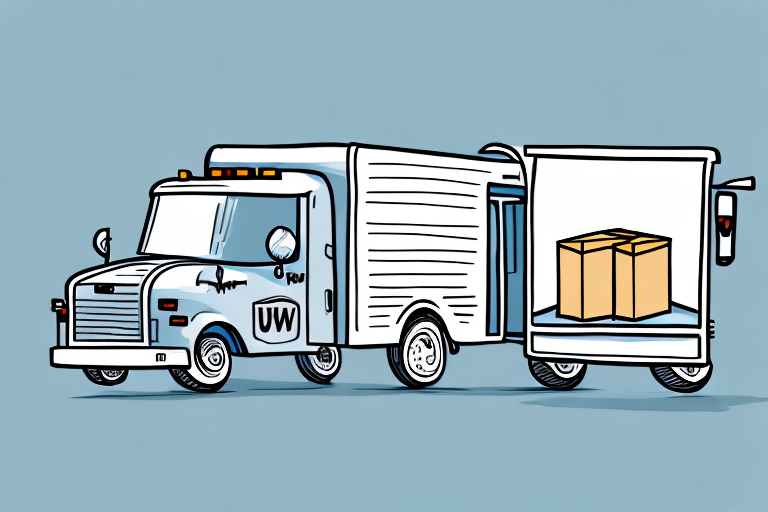 A cartoon-style delivery truck with UW on its door is parked with its back doors open. Inside the truck, two large cardboard boxes sit ready for SurePost delivery. The background is a flat blue color, highlighting this better option for quick and efficient shipping.