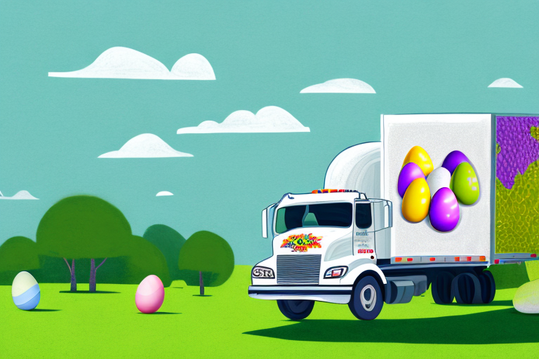 A colorful truck with a painted egg design on the side is parked on a grassy field under a blue sky with clouds. Large, bright Easter eggs are scattered on the grass, ready for the FedEx Easter delivery. Trees dot the landscape in the background.