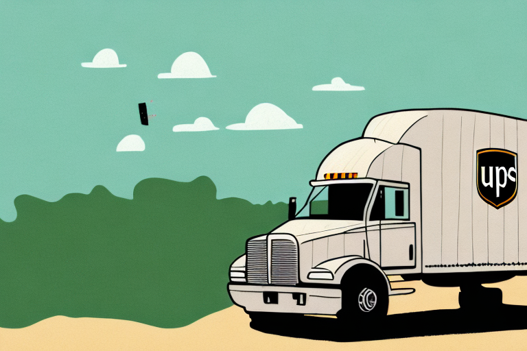 An illustration of a UPS delivery truck navigating a Texas dirt road. A small black device soars through the air against a backdrop of green trees and a blue sky with clouds, capturing the essence of Saturdays. The iconic UPS logo stands proudly on the side of the truck.