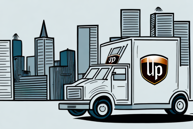 Illustration of a delivery truck with the Up logo on a city street. The background features stylized skyscrapers against a pale blue sky, highlighting UPS Next Day Air service that even delivers on Saturdays for your convenience in the modern urban setting.