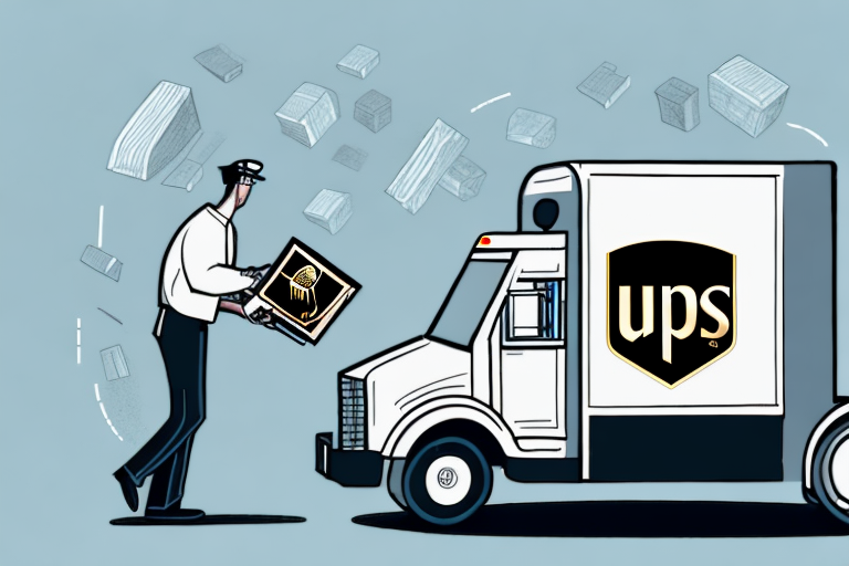 Illustration of a delivery worker in a cap, part of the comprehensive UPS process, loading a package with a fragile symbol onto the truck. Floating boxes symbolize busy shipping activity as packages await their UPS scan. The iconic truck displays the UPS logo prominently.