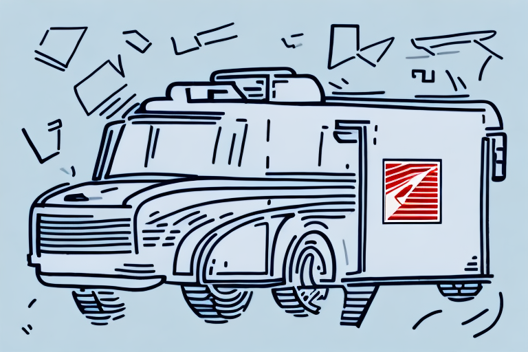 Illustration of a USPS First Class mail truck driving through flying envelopes and papers. The truck boasts a red and white postal emblem on the side, ensuring safe delivery. The background is a light blue.