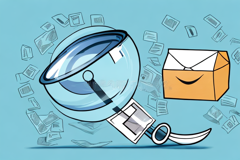 A magnifying glass with a scissor-shaped handle examines an envelope, hinting at Amazon return fraud. Various documents float around on a blue background, emphasizing the theme of investigation.