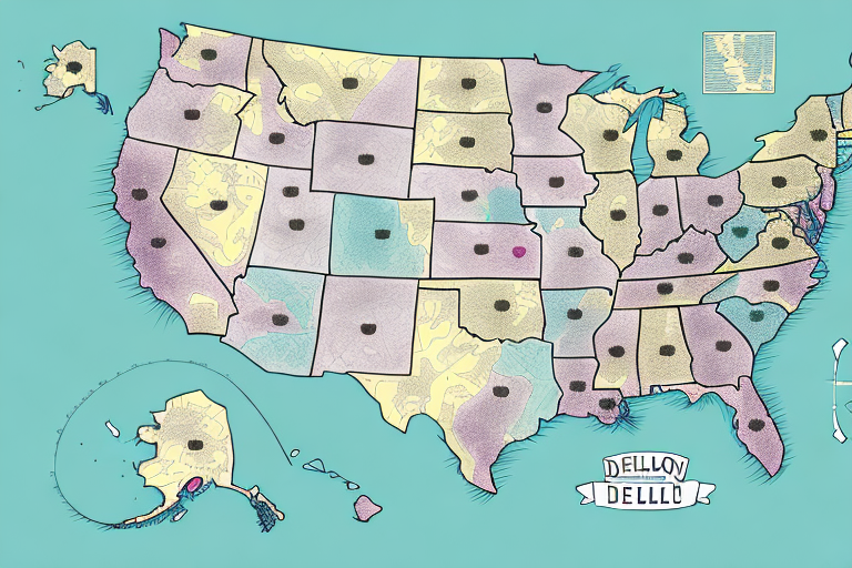 An illustrated FedEx Shipping Zone Map of the United States features state outlines in pastel colors and patterns. Each state has a distinct colored dot. Alaska and Hawaii are shown in the bottom left, accompanied by a decorative banner reading DELLLO DELLALL.