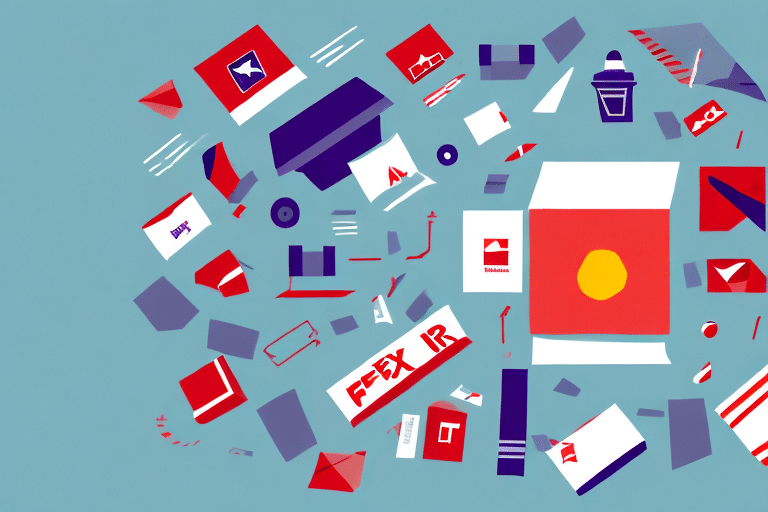 An abstract image featuring various mail and parcel elements scattered on a blue background. Envelopes, shipping boxes, labels, and logos in red, white, and blue suggest themes of delivery and communication. This scene nods to the efficiency of tools like FedEx Ship Manager in streamlining the senders process.