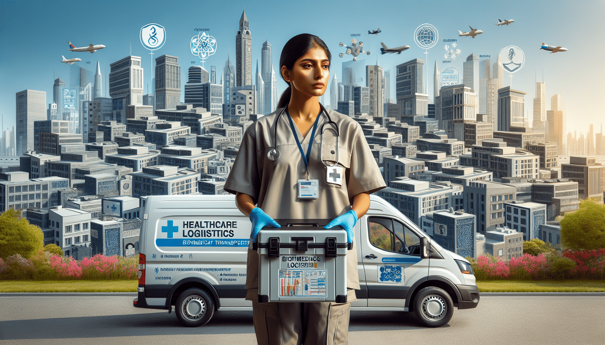 A medical professional in scrubs and gloves holds a container labeled Biomedica Logistics. Behind her, a cityscape and a van with Healthcare Logistics are visible. Drones fly overhead, symbolizing advanced medical courier jobs. Opportunities in medical jobs are now near you.