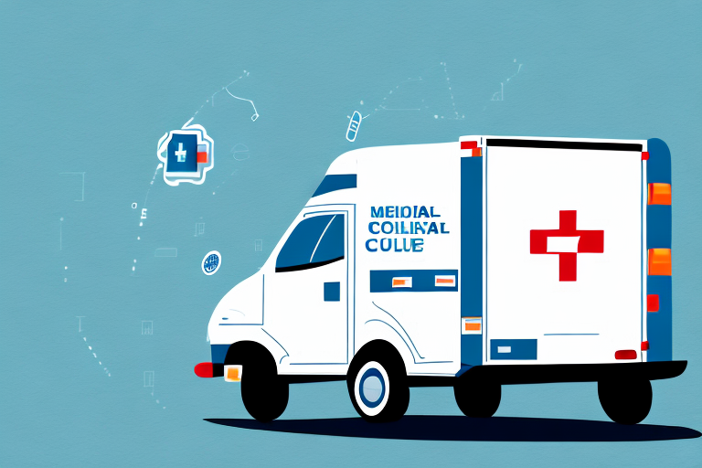 Illustration of a medical delivery truck, symbolizing a Medical Courier Job, with a red cross on the back. The trucks side has text thats hard to read, set against a blue background dotted with health-related icons, representing tasks tracked via a load board.