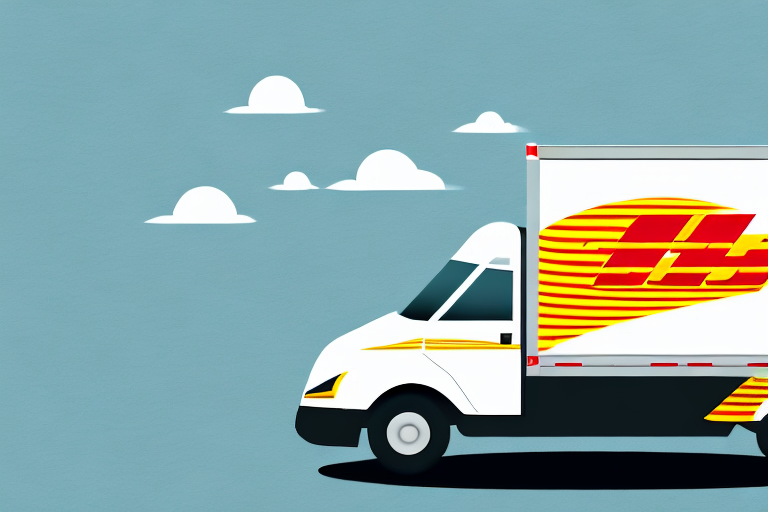 Illustration of a delivery truck with a stylized yellow and red DHL logo parked against a blue sky with scattered white clouds, embodying expedited shipping excellence.