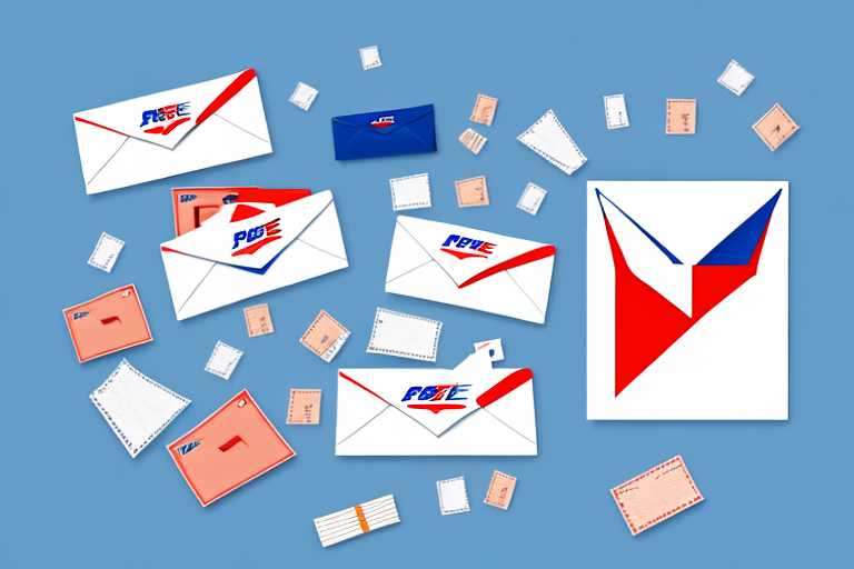 A collection of envelopes and stamps on a blue background showcases the USPS logo in red and blue with stylized lettering. The stamps, varying in color and size, complement the large letter graphic on the right, reminiscent of designs seen in USPS Business Account materials.