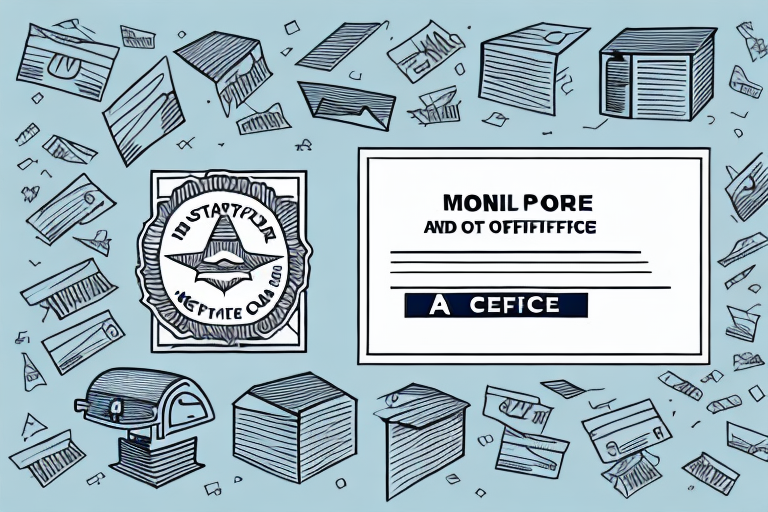 An abstract illustration features office supplies like file cabinets, boxes, and papers scattered across a blue background. A sign with distorted text and a logo resembling an eye inside a triangle hints at the intricate dynamics of certified mail fees in modern communication.