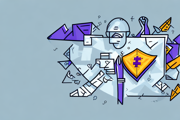 Abstract illustration of a person wearing a helmet and glasses, holding a shield with a purple emblem that symbolizes maximum insurance coverage. Geometric shapes and lines surround the figure on a light blue background, creating a dynamic and futuristic appearance.