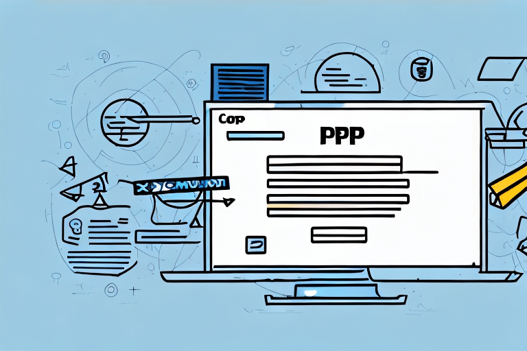 An illustration of a computer screen showcasing a document labeled PPP, surrounded by geometric shapes and lines, evokes a tech-savvy or business-oriented atmosphere against a light blue backdrop. Add an element of intrigue with the inclusion of a declaration statement within the design.