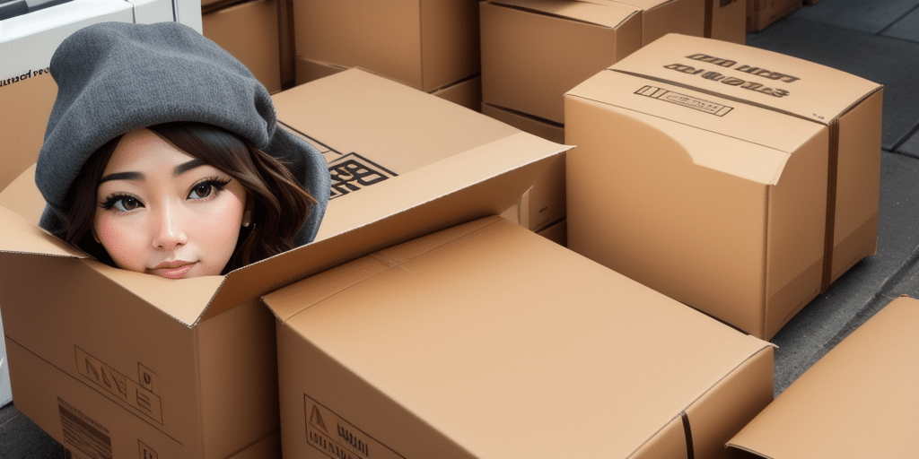 A woman with long dark hair and striking eye makeup peeks out from inside a cardboard box. She wears a gray beanie and is surrounded by other sealed boxes, as if preparing for a big move or consulting her broker about the next destination.