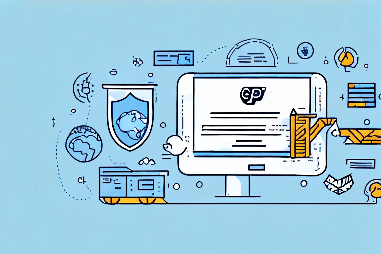 Illustration showcasing a monitor with a website displaying a shield symbol, surrounded by icons of a globe, computer certification, and security symbols on a light blue background—adding elements inspired by UPS WorldShip for enhanced global shipping insights.