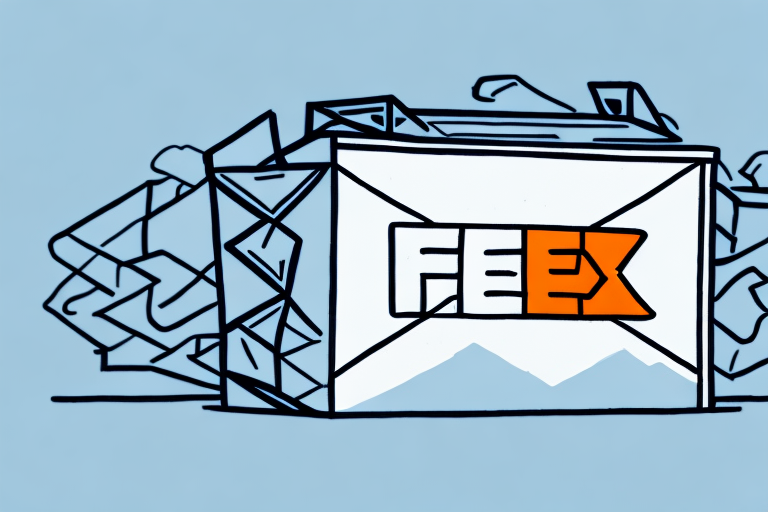 A stylized illustration showcases the FedEx logo amidst abstract geometric shapes, resembling package elements and hinting at operational delays. Set against a light blue background, the design features bold lines and angles, capturing the dynamic essence of logistics.