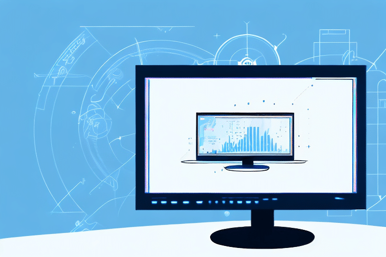 A computer monitor displays a graph with bar and line charts against a futuristic, tech-themed blue background featuring circuit-like patterns, enhanced by precise display scaling for optimal visibility.