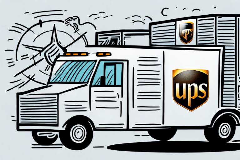 Illustration of a UPS delivery truck with the UPS logo, enhanced by a stylized clock and compass reflecting reliability and timely delivery. The bold, graphic style subtly hints at the efficiency achieved through UPS WorldShip systems.