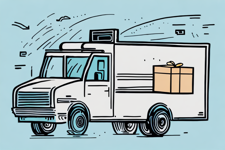 Illustration of a delivery truck with a large gift-wrapped box on its side, set against a light blue background. Sketched with lines and minimal details to suggest motion and speed, the truck symbolizes reliable transport—made even smoother by accurate shipping rates from the UPS API.