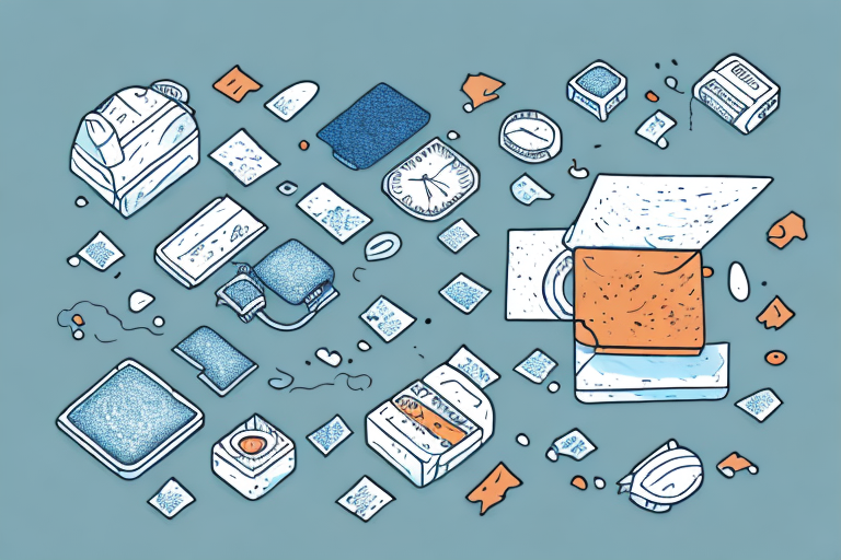 An isometric illustration showcases various office equipment and supplies scattered across a blue background: printers, paper stacks, clocks, and small items like pins and sticky notes. This visual guide subtly draws attention to the importance of calculating dimensional weight in organizing space efficiently.