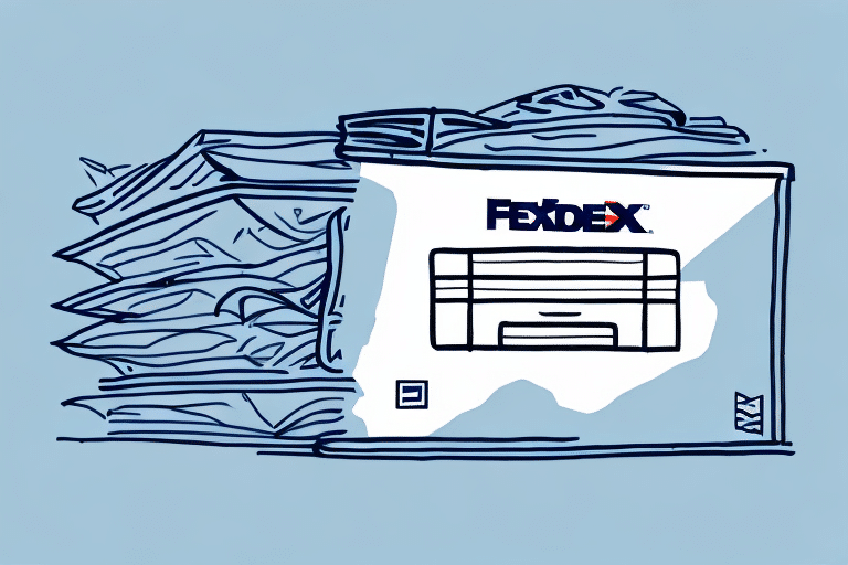 An illustration of a FedEx box radiates the brands logo as it stands open, with packages seemingly in motion around it, hinting at dynamic delivery. The light blue backdrop complements this scene, echoing the efficiency of FedEx Ship Manager in managing shipments seamlessly.