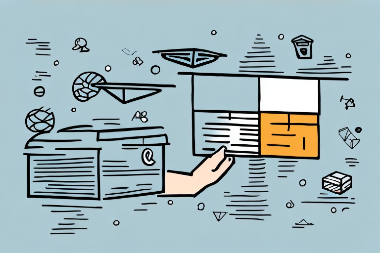 Illustration of a hand holding a rectangular chart with four sections, two in white, one in dark gray, and one in orange. Background features doodles of geometric shapes, paper planes, and a basket—ideal for understanding UPS shipment guide nuances. The color scheme is blue and orange.