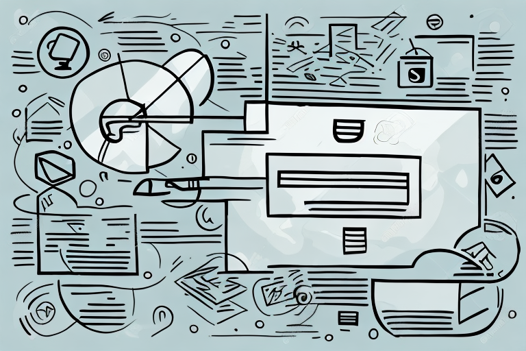 An abstract illustration with overlapping geometric shapes, pie charts, and lines on a blue-gray background. Elements include envelopes, arrows, and circular designs intertwined with themes of communication and data flow—perfectly capturing the dynamics of canceling a UPS shipment.