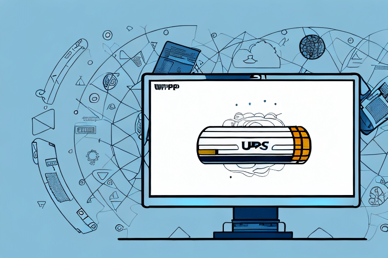 A computer screen displays an image of a futuristic UPS unit, resembling the efficiency of UPS Worldship. Surrounding the screen are various digital icons and symbols, suggesting technology and communication. The light blue background enhances the tech theme.