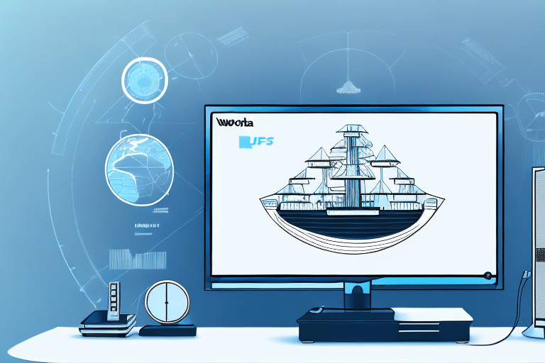 A computer monitor displays a graphic of a vintage ship with sails. Surrounding the screen are various digital diagrams, akin to those in UPS WorldShip, suggesting a blend of old-world exploration and modern technology. Adjusting the default print size enhances this captivating fusion.