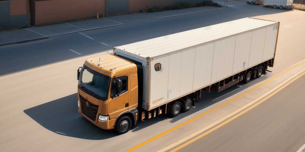 A large orange semi-truck with a white trailer drives on a wide, empty road that hints at the efficiency of UPS WorldShip. The road appears sunny, and the truck is passing by industrial buildings, symbolizing streamlined logistics in motion.