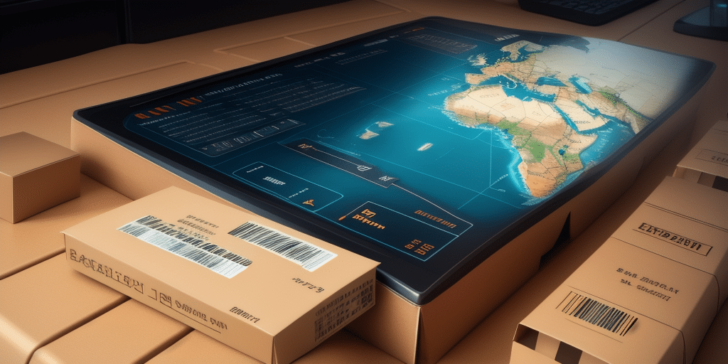 A large, interactive digital map displaying global shipping routes is laid out on a table. Surrounding the map are several cardboard boxes with barcode labels, hinting at logistics and parcel delivery. Users can also configure UPS WorldShip for streamlined proxy settings in this setup.