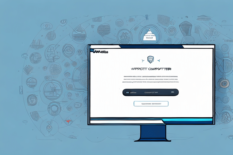 A computer screen displays a website for writing and art creation, featuring Author and Designer options. Among the abstract drawings of creative tools on the blue background is a subtle nod to shipping tool designs, blending artistry with functionality in a minimalist style.