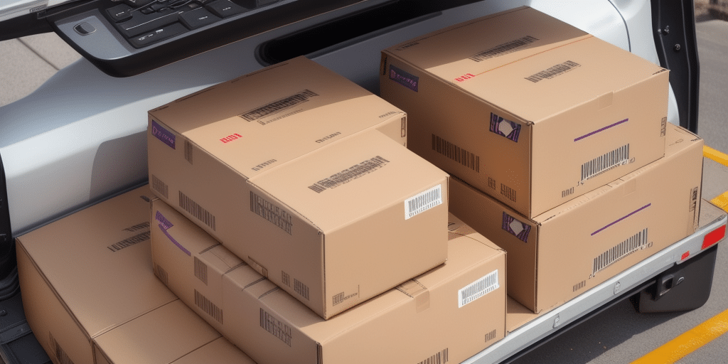 Several cardboard boxes stacked inside the open back door of a delivery vehicle, reminiscent of a FedEx Ship Manager operation. The large boxes are labeled with barcodes and handling instructions. The vehicle is parked on the road, ready for delivery.