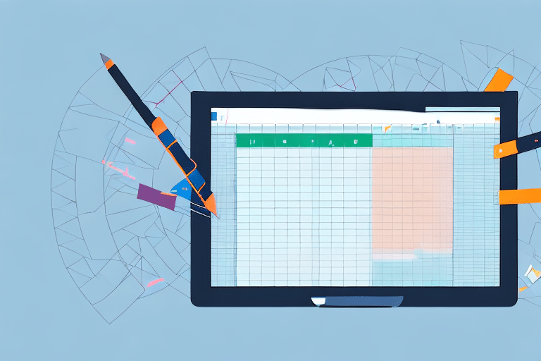 A tablet displays an Excel spreadsheet with colorful graphs and charts. Surrounding the tablet are floating pencils, pens, and geometric shapes on a light blue background, creating a dynamic and creative workspace scene perfect for SEO strategy planning.