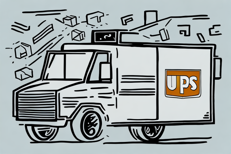 Illustration of a UPS delivery truck driving on a bustling road. The background, featuring stylized buildings and scattered objects, suggests movement and activity. The iconic UPS logo is prominently displayed on the trucks side, emphasizing its nonstop dedication to deliver with precision.