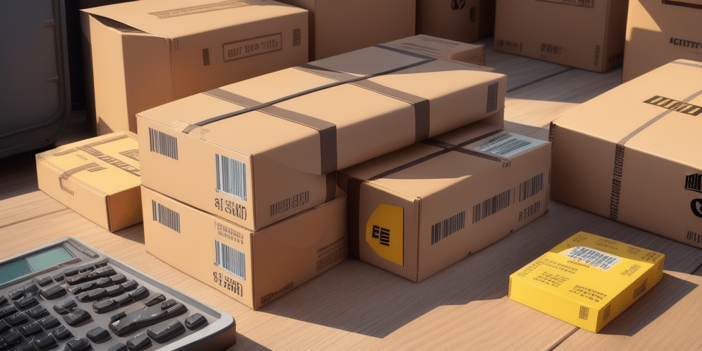 A desk covered with various cardboard packages and a yellow box featuring barcodes, alongside a gray calculator. The packages are stacked neatly, suggesting an organized inventory or shipping preparation scene, possibly coordinated through WorldShip with the UPS Account Number.