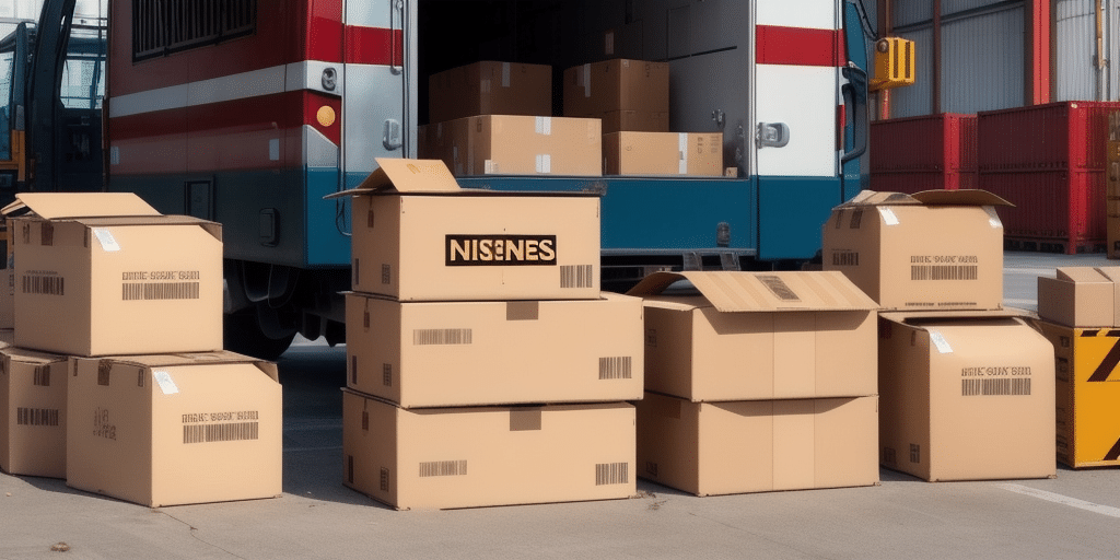 A delivery truck parked with its back doors open, surrounded by cardboard boxes stacked on the ground. Some are sealed; others have open flaps. This bustling scene suggests loading or unloading at a warehouse, perhaps troubleshooting a UPS WorldShip invalid characters error.