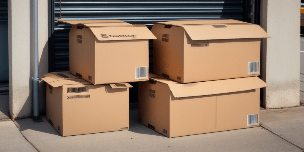 Four large cardboard boxes, processed through UPS Worldship, are stacked near a closed garage door on a concrete surface, with one box partially open. The boxes have barcodes and shipping labels.