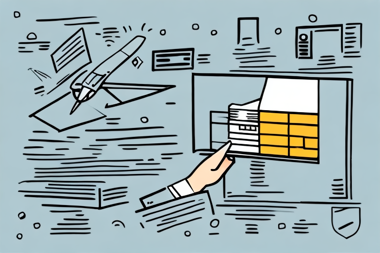 Illustration of a hand pointing at a data chart on a screen, surrounded by abstract symbols and a paper airplane. The scene subtly hints at the intricacies of data analysis and technology, while quietly alluding to processes like refunds or tracking cancelled UPS shipments.