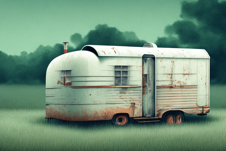 A weathered, abandoned trailer sits in a grassy field, covered in rust and peeling paint. The background features blurred green foliage, adding to the sense of isolation and nostalgia in the scene.