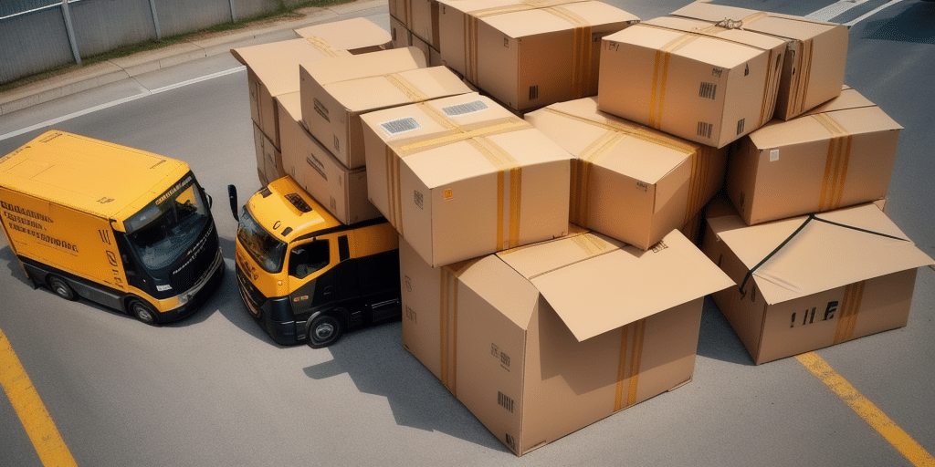 Two yellow delivery trucks on a road surrounded by a large stack of oversized cardboard boxes, creating a surreal scene. The exaggerated size of the boxes compared to the trucks highlights the efficiency of UPS Worldships import capabilities, much like handling massive Excel files with ease.