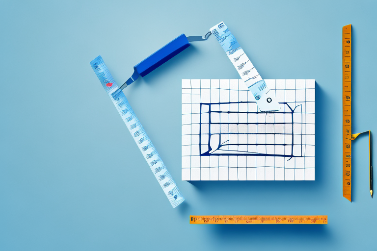 A 3D geometric drawing of a room on graph paper, complete with tools like a tape measure and protractor, perfectly illustrates the box dimensions. All set against a crisp blue background, this setup serves as an ideal step-by-step guide for precise measurements.