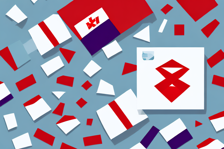 Abstract image featuring scattered red, white, and blue geometric shapes on a blue background. Some shapes form patterns resembling flags or logos, with a dynamic, modern design that captures the essence of FedEx shipments in motion.