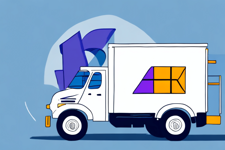 Illustration of a white truck, resembling those used in delivery services like FedEx Ship Manager, with geometric shapes in purple, orange, and yellow on its side, set against a blue background.