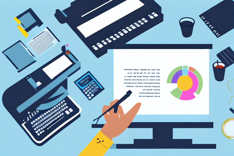 A person is using a computer displaying a colorful pie chart, with the desk cluttered by office items like a typewriter, calculator, and coffee cup. As they explore UPS WorldShip Reports to understand how to reprint documents efficiently, the light blue background offers a calming vibe.