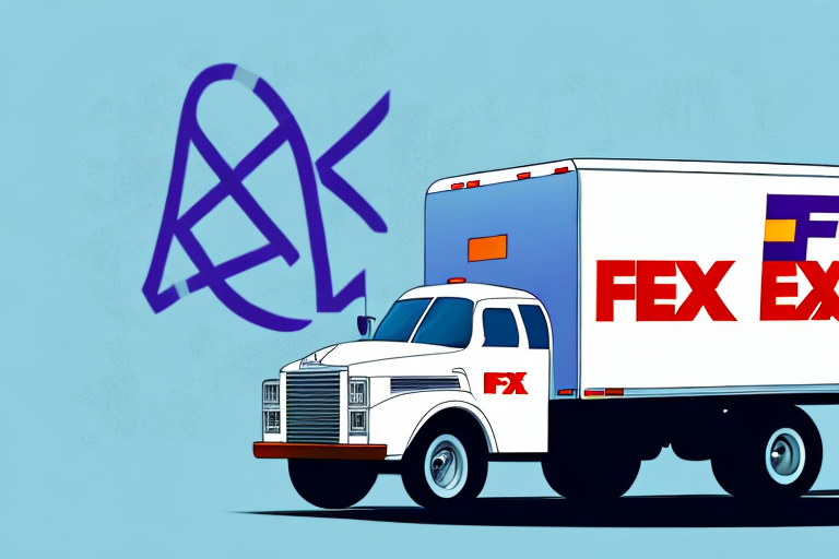 Illustration of a white delivery truck with the FedEx logo on the side. The truck is against a blue background with abstract purple graffiti, perhaps on its way to resolve an issue like a wrong address.