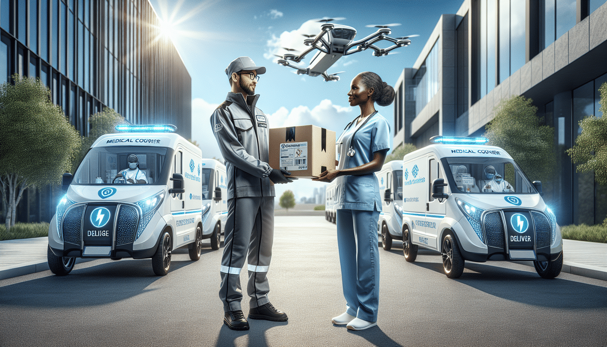 A medical courier in uniform securely hands a package to a nurse outside a modern facility. Two delivery vans are parked nearby, and a drone flies overhead, all set in a futuristic urban environment with early morning sunlight, showcasing efficient medical courier contracts in action.