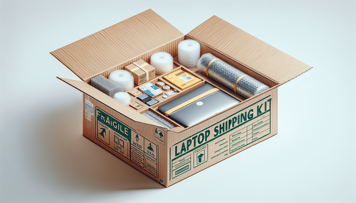 An open cardboard box labeled Laptop Shipping Kit contains bubble wrap, packing materials, a laptop, and small boxes. Fragile and handling symbols are printed on the side to ensure you can safely ship a laptop with confidence.